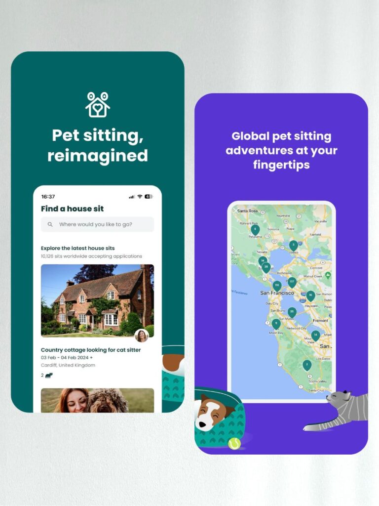 TrustedHousesitters sitter dashboard showing upcoming sits and the map to find them