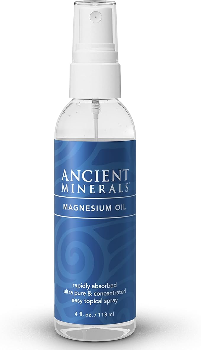 Topical magnesium spray bottle with clean, minimal packaging – used for muscle relaxation and nighttime wind-down.