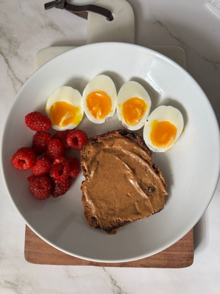 Eggs, Toast, berries for nervous system breakfast.