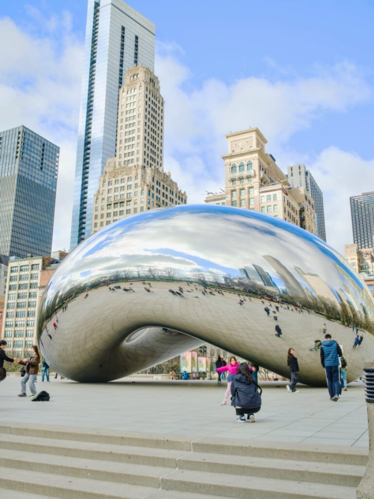 Cloud Gate sculpture (The Bean) at Millennium Park at sunrise without crowds for a Chicago itinerary 3 days.