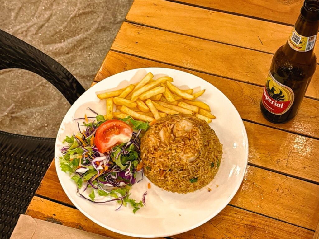 the shrimp and rice dinner at salsa brava beach par was a favorite for us. the rice was perfectly coconut and the shrimp was fresh and local
